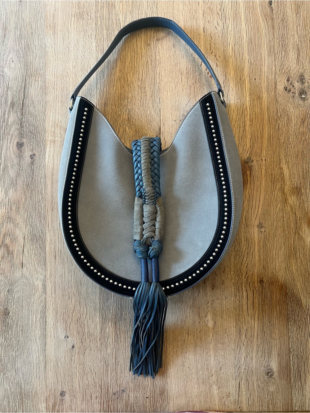 Altuzarra Slate Blue Suede Leather Studded Hobo Shoulder BagTassel Made in Italy